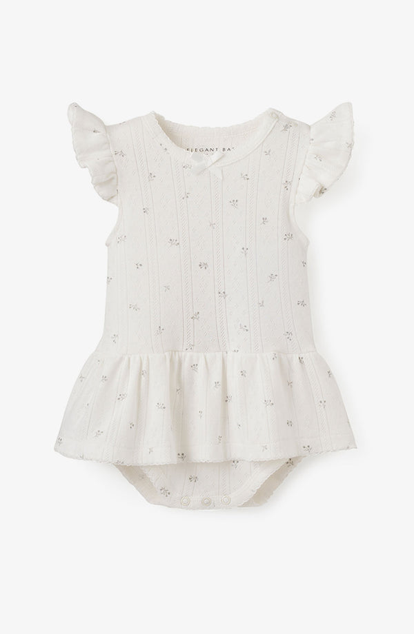 WHITE FLORAL ORGANIC POINTELLE COTTON BABY BUBBLE ROMPER