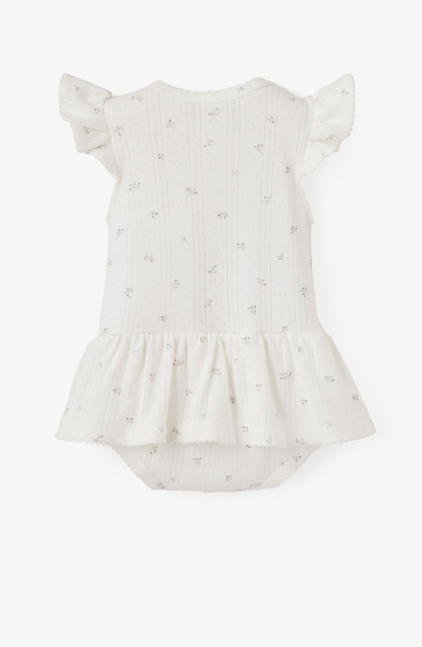 WHITE FLORAL ORGANIC POINTELLE COTTON BABY BUBBLE ROMPER