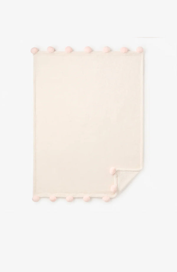 PALE PINK POM TRIM FLEECE BABY STROLLER BLANKET