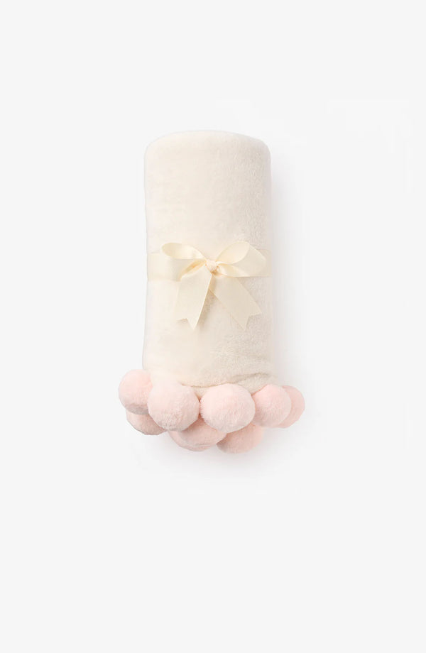 PALE PINK POM TRIM FLEECE BABY STROLLER BLANKET