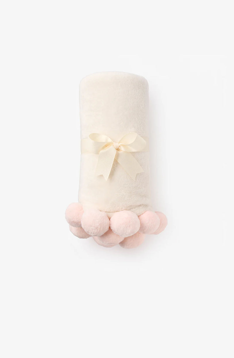 PALE PINK POM TRIM FLEECE BABY STROLLER BLANKET